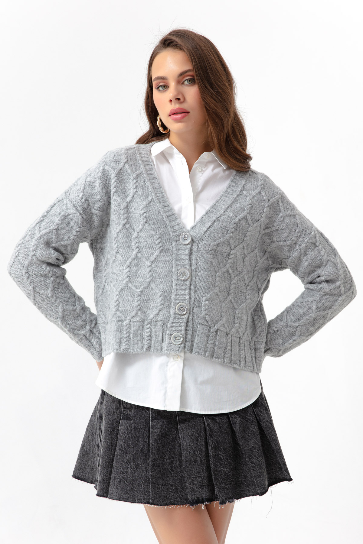 Women's Gray Buttoned Knitwear Cardigan
