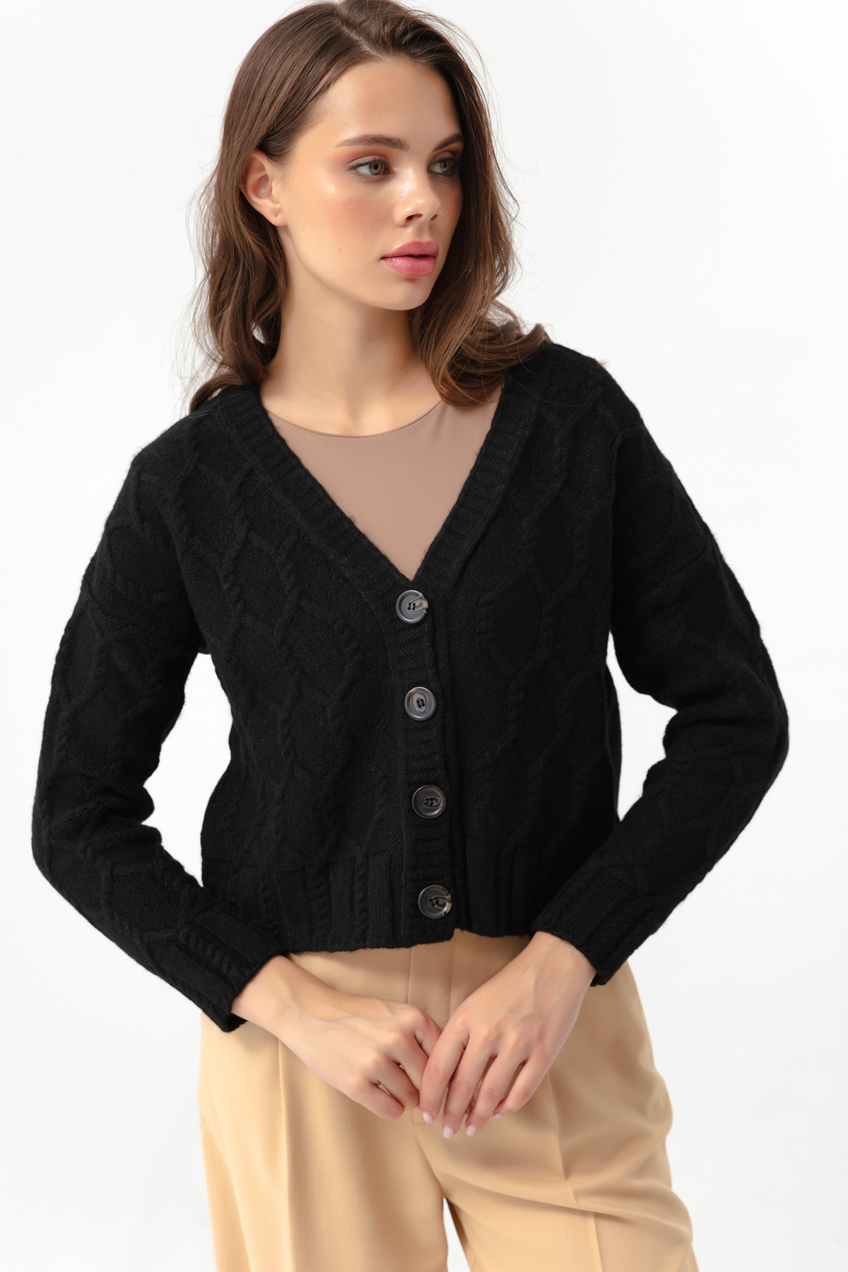 Women's Black Buttoned Knitwear Cardigan