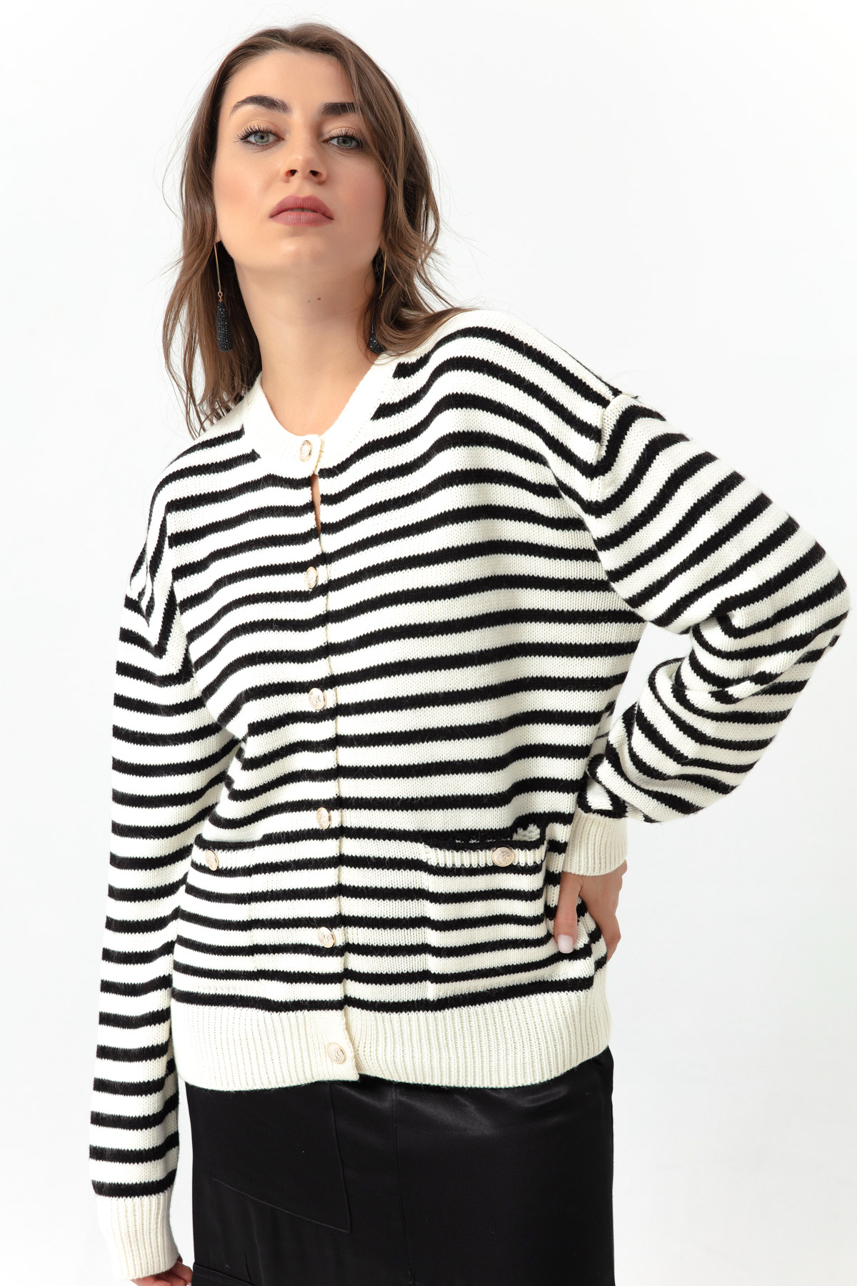 Women's White Striped Knitwear Cardigan