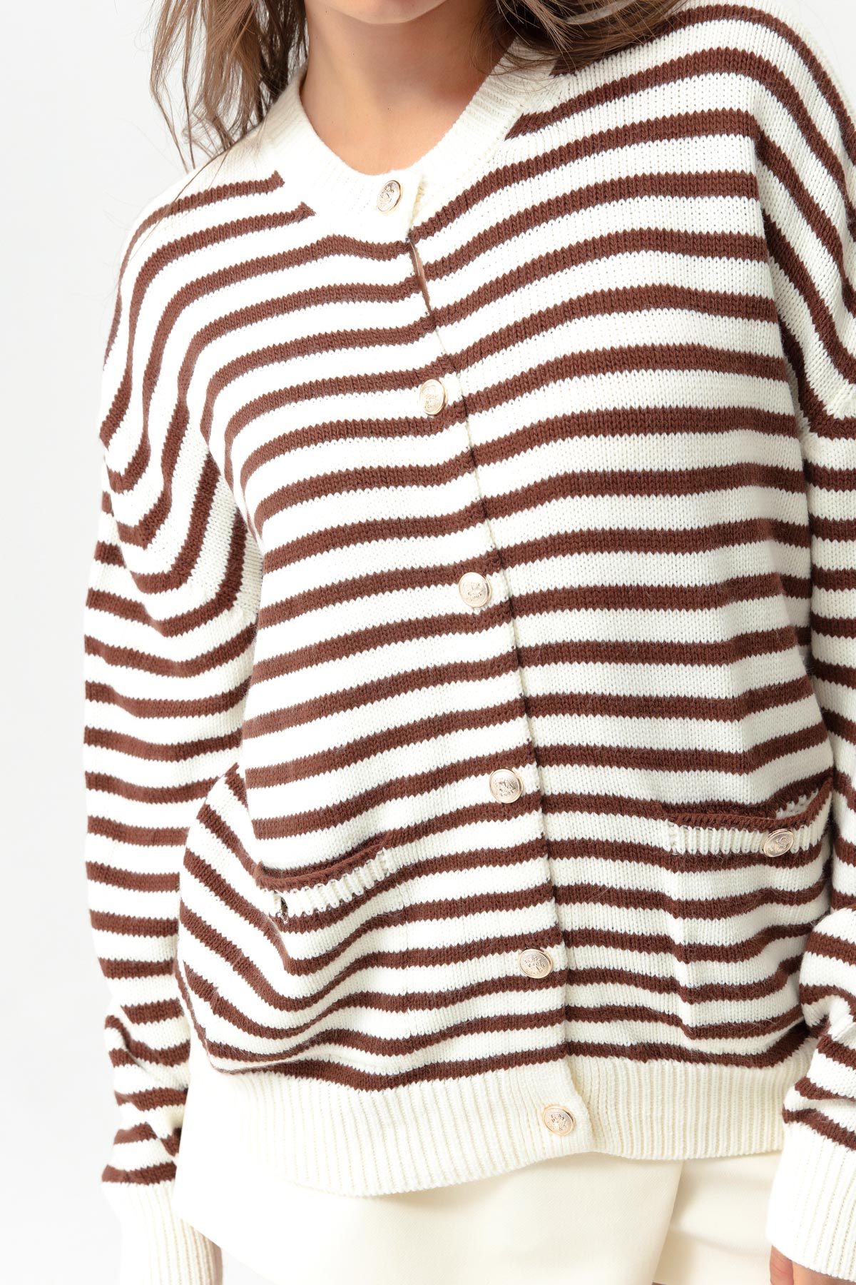 Women's Brown Striped Knitwear Cardigan