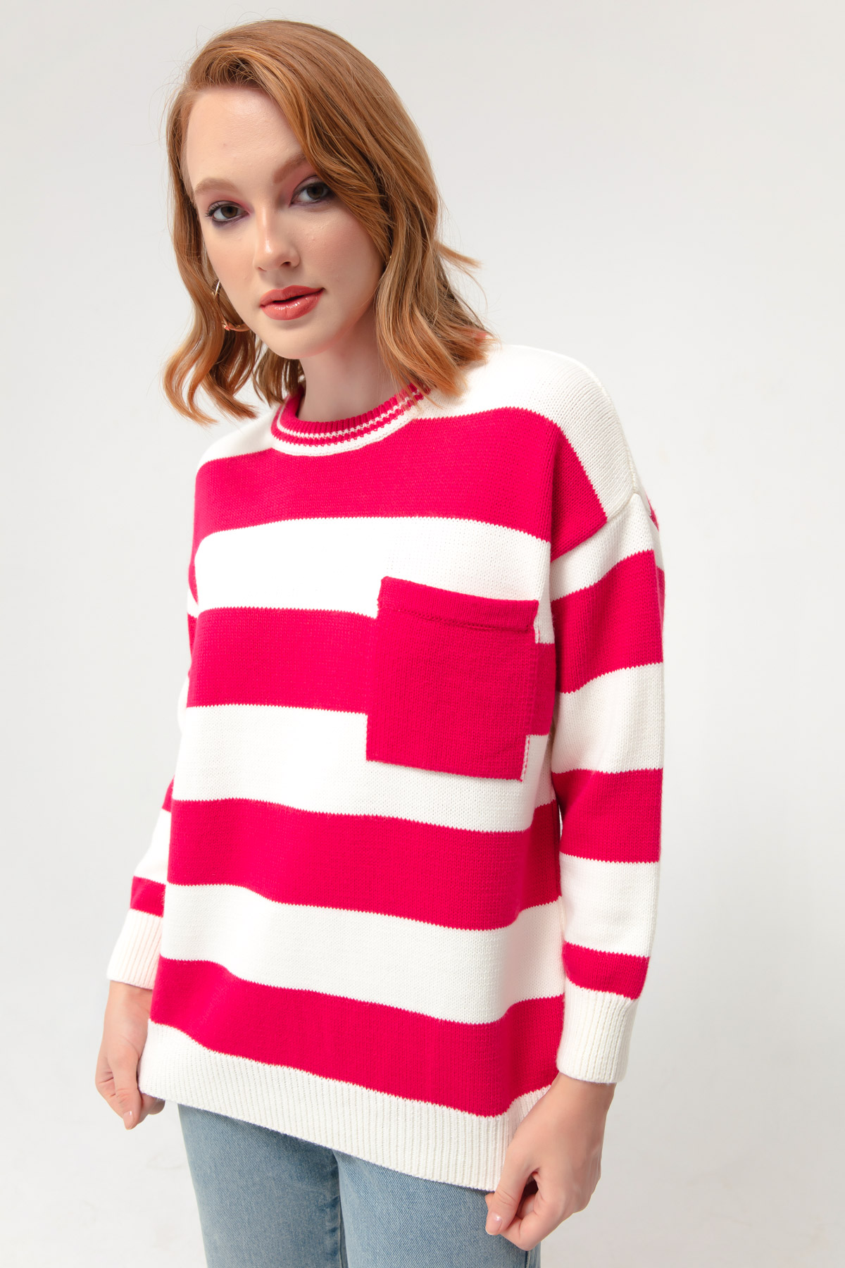Women's Fuchsia Striped Knitwear Sweater