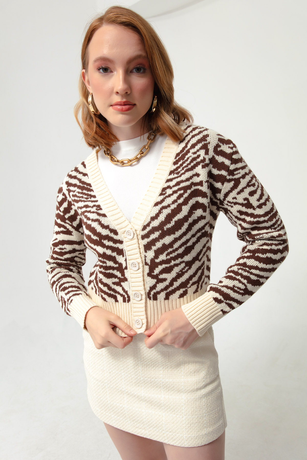 Women's Brown Patterned Knitwear Cardigan
