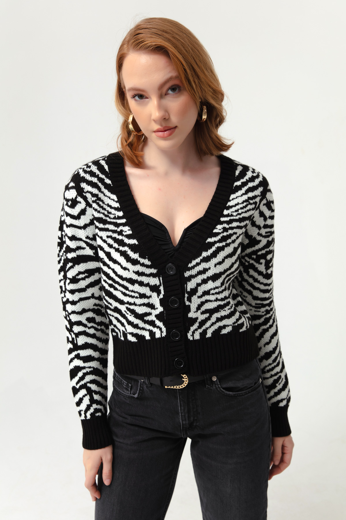 Women's White-Black Patterned Knitwear Cardigan