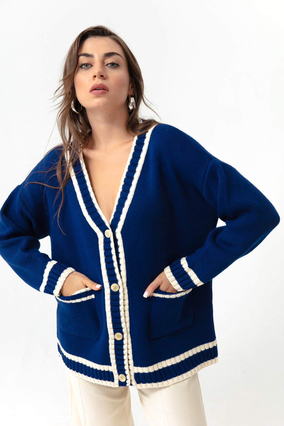 Women's Navy Blue Striped Knitwear Cardigan