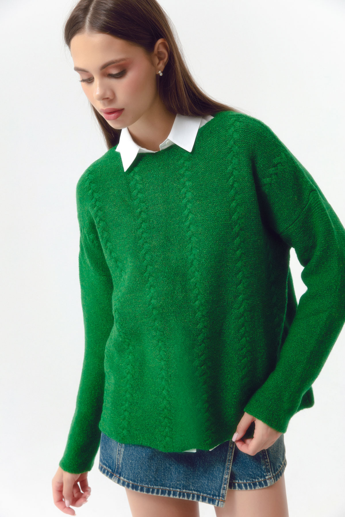 Women's Green Boat Neck Knitwear Sweater