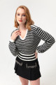 Women's White V-Neck Striped Knitwear Sweater