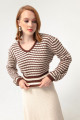 Women's Brown V-Neck Striped Knitwear Sweater