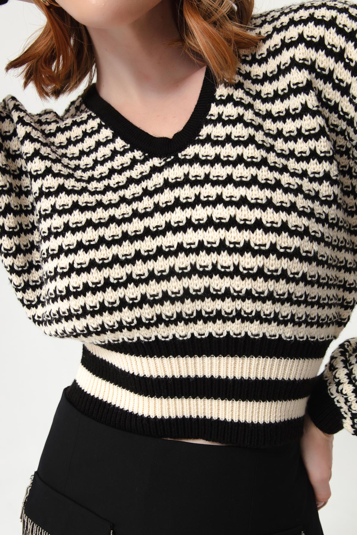 Women's Black V-Neck Striped Knitwear Sweater