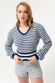 Women's Navy Blue V-Neck Striped Knitwear Sweater