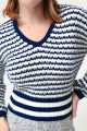 Women's Navy Blue V-Neck Striped Knitwear Sweater