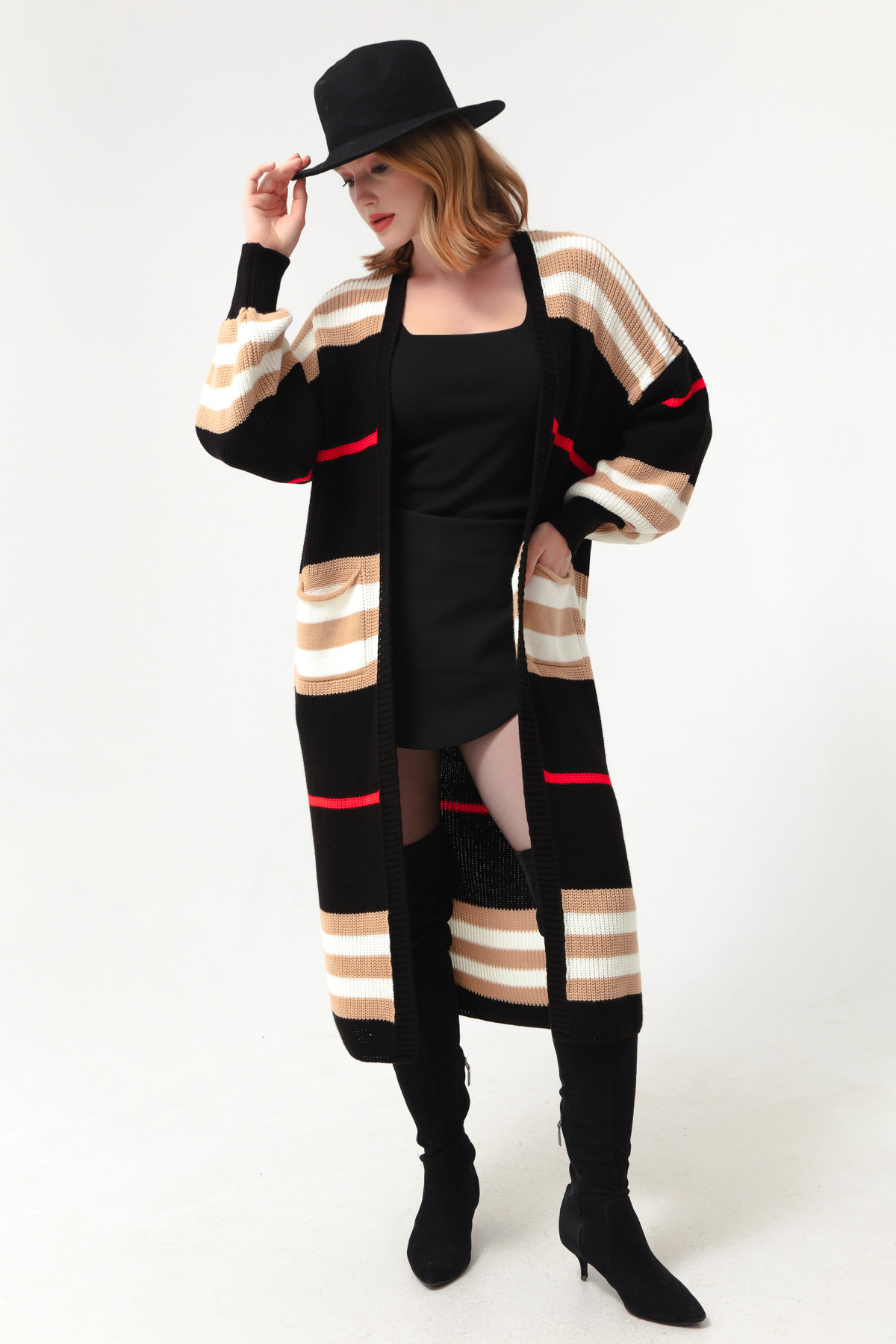 Women's Black Patterned Long Knitwear Cardigan