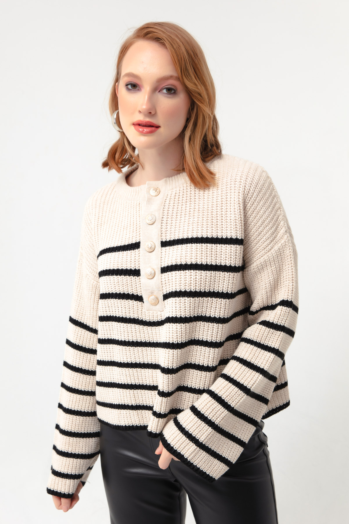 Women's Beige Striped Knitwear Sweater