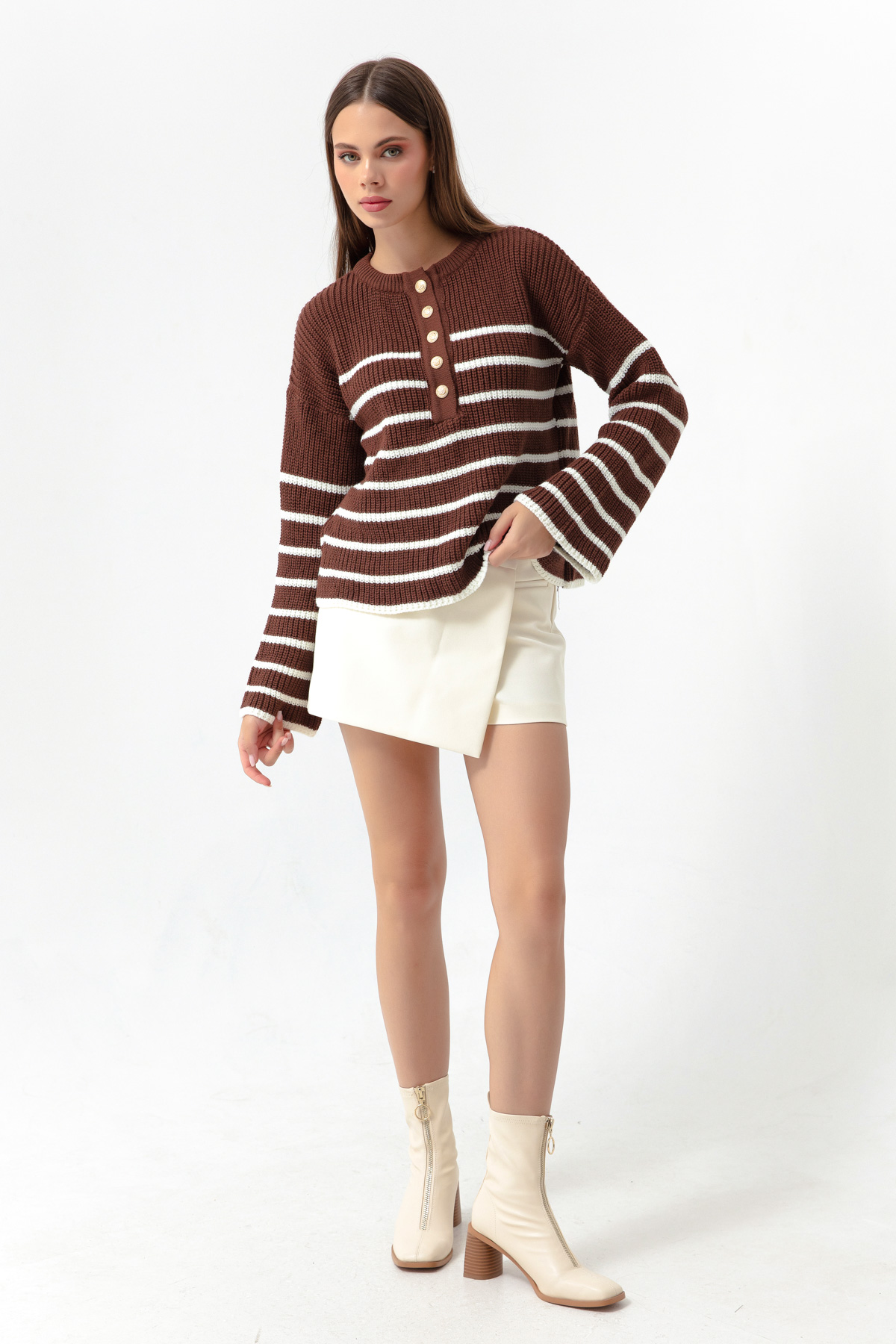 Women's Brown Striped Knitwear Sweater