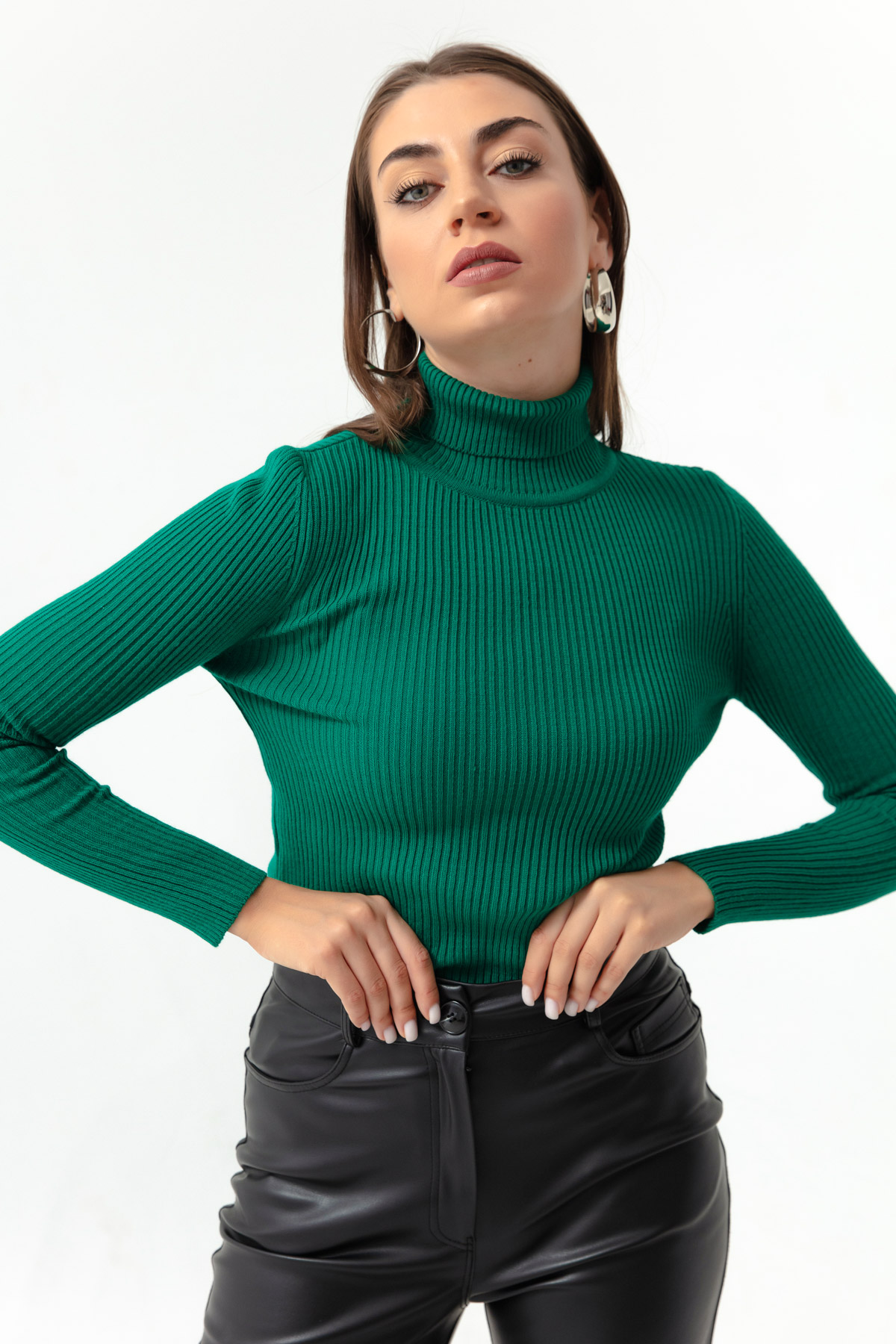 Women's Emerald Green Turtleneck Knitwear Sweater
