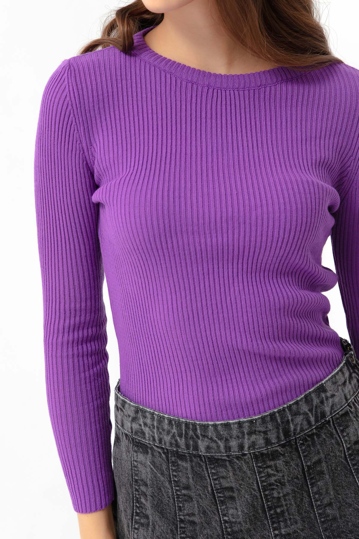 Women's Purple Crew Neck Knitwear Sweater
