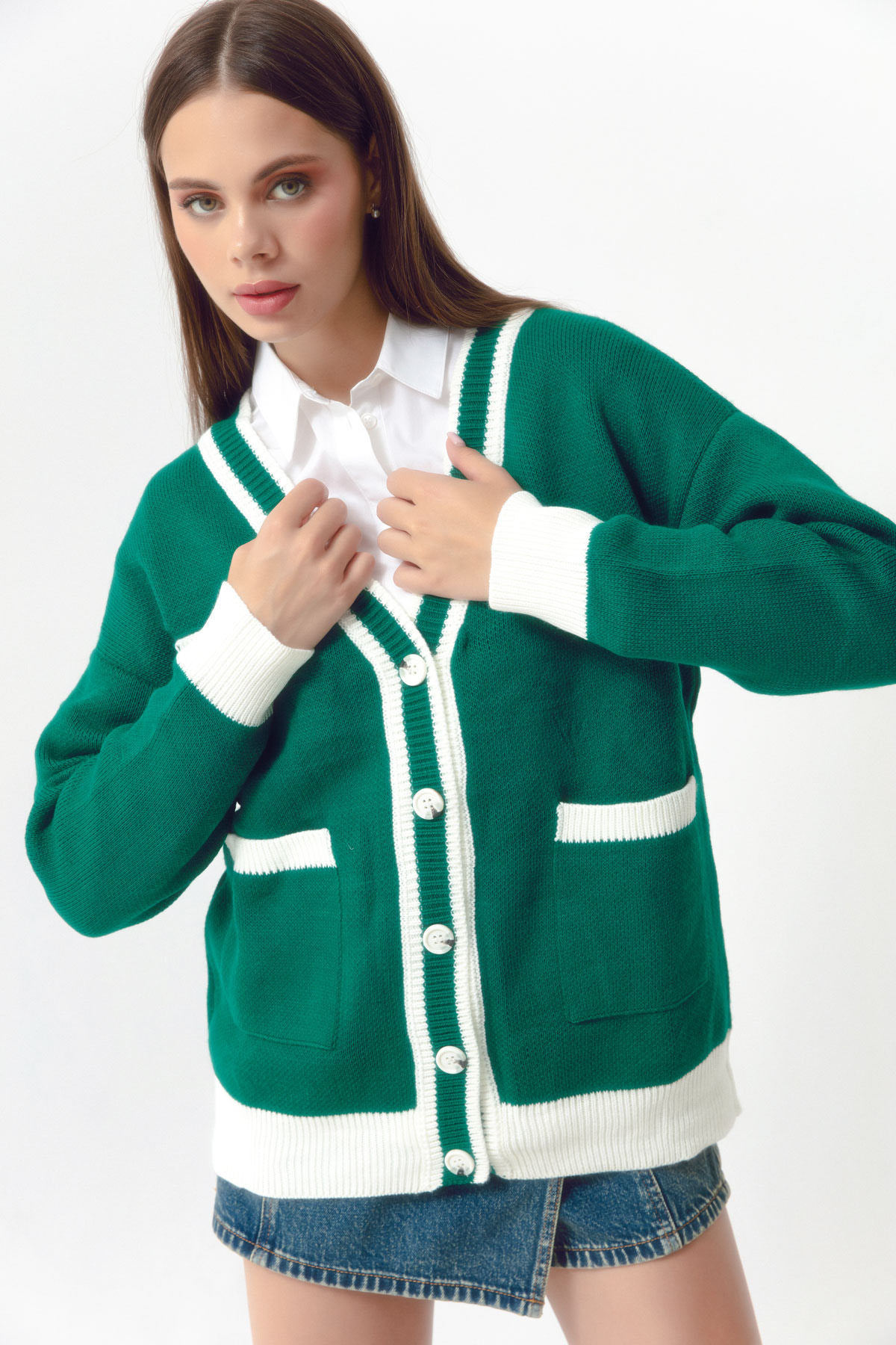 Women's Emerald Green Pocket Detailed Knitwear Cardigan