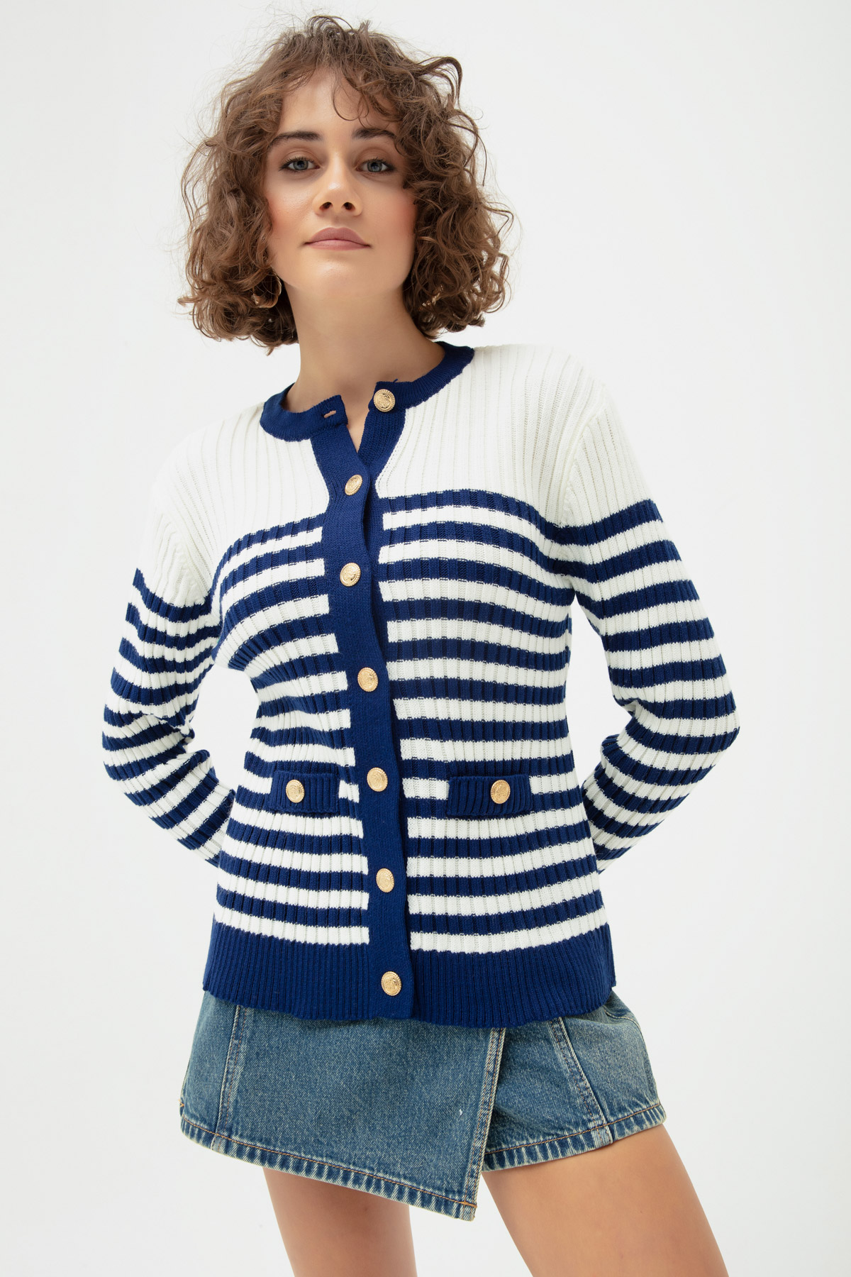 Women's Navy Blue4 Striped Knitwear Cardigan