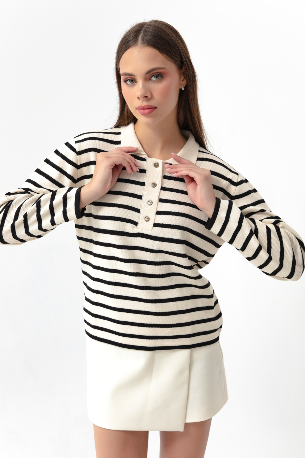 Women's Ecru Striped Knitwear Sweater
