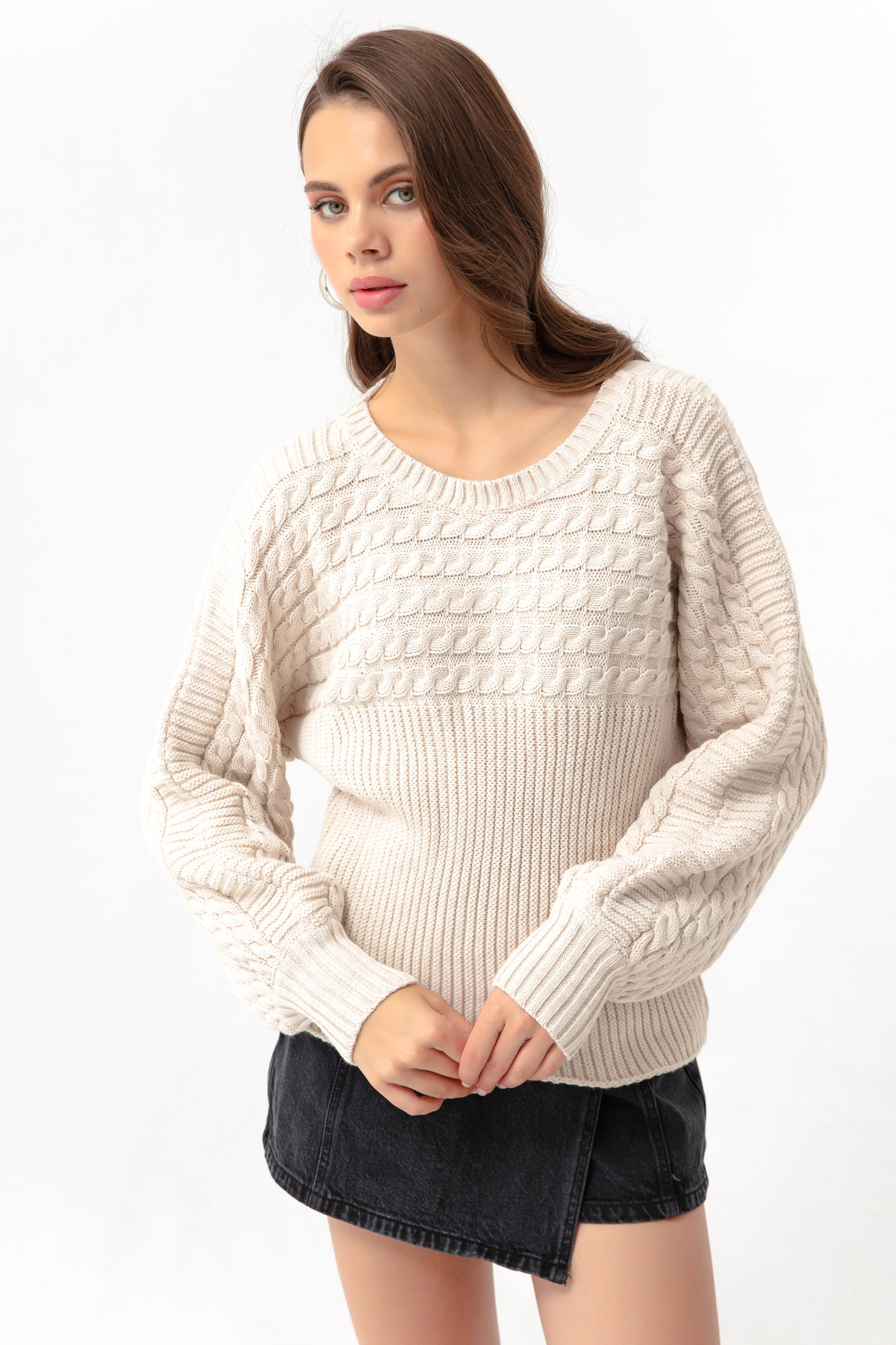 Women's Beige Boat Neck Knitwear Sweater