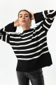Women's Black Boat Neck Striped Knitwear Sweater