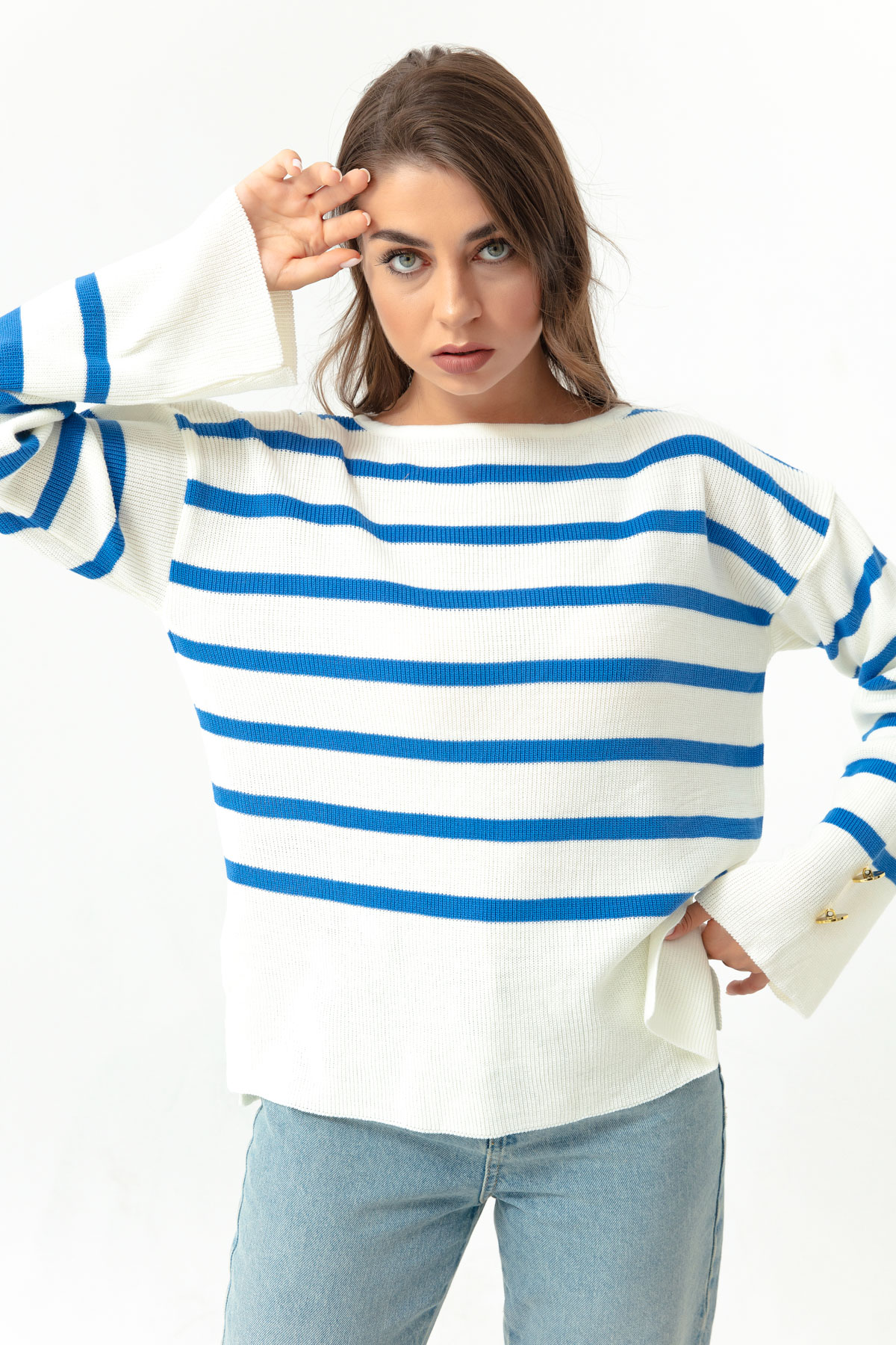 Women's Blue Boat Neck Striped Knitwear Sweater
