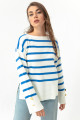 Women's Blue Boat Neck Striped Knitwear Sweater
