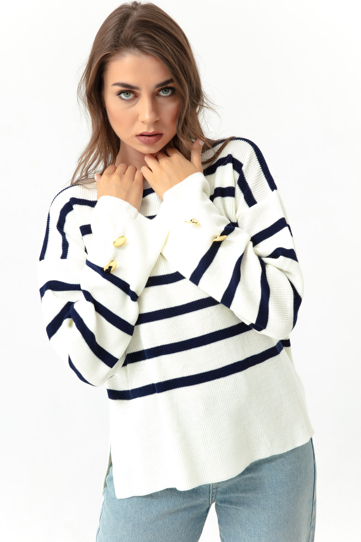 Women's Navy Blue Boat Neck Striped Knitwear Sweater