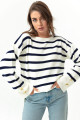 Women's Navy Blue Boat Neck Striped Knitwear Sweater