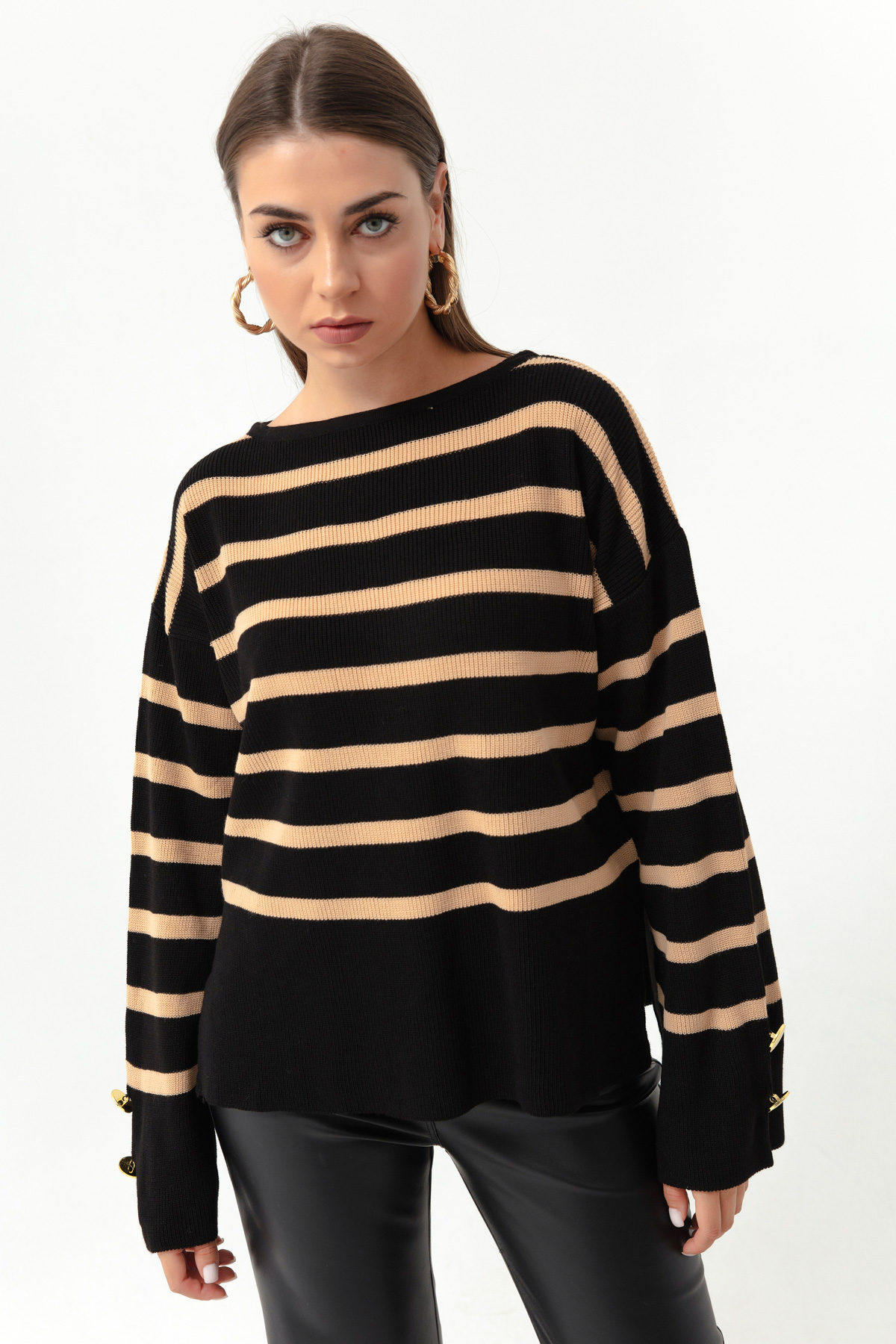 Women's Tan Boat Neck Striped Knitwear Sweater