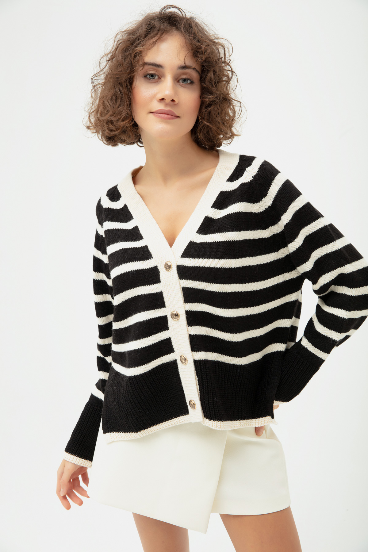 Women's Black V-Neck Striped Knitwear Sweater