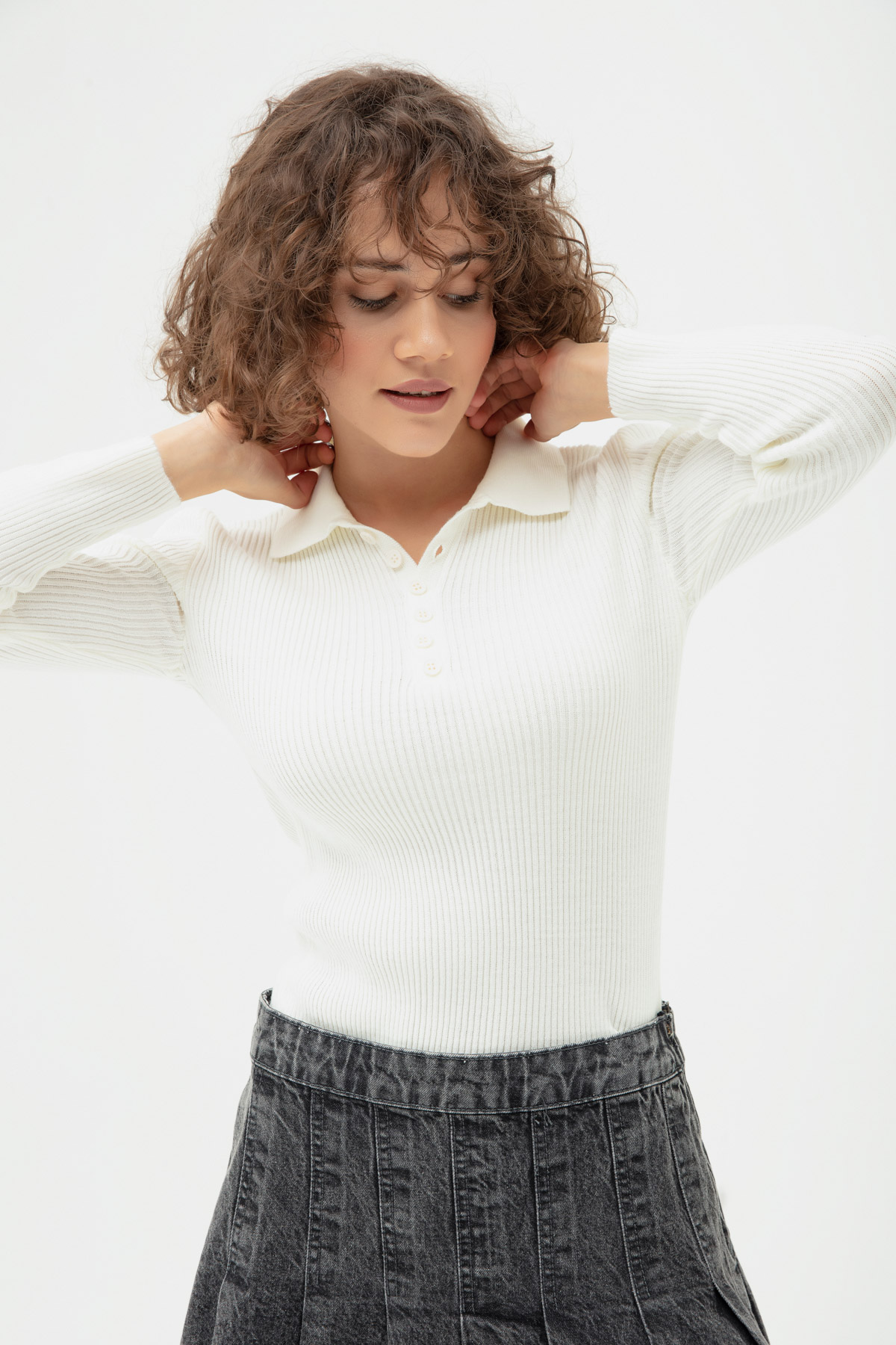 Women's White Polo Neck Knitwear Sweater