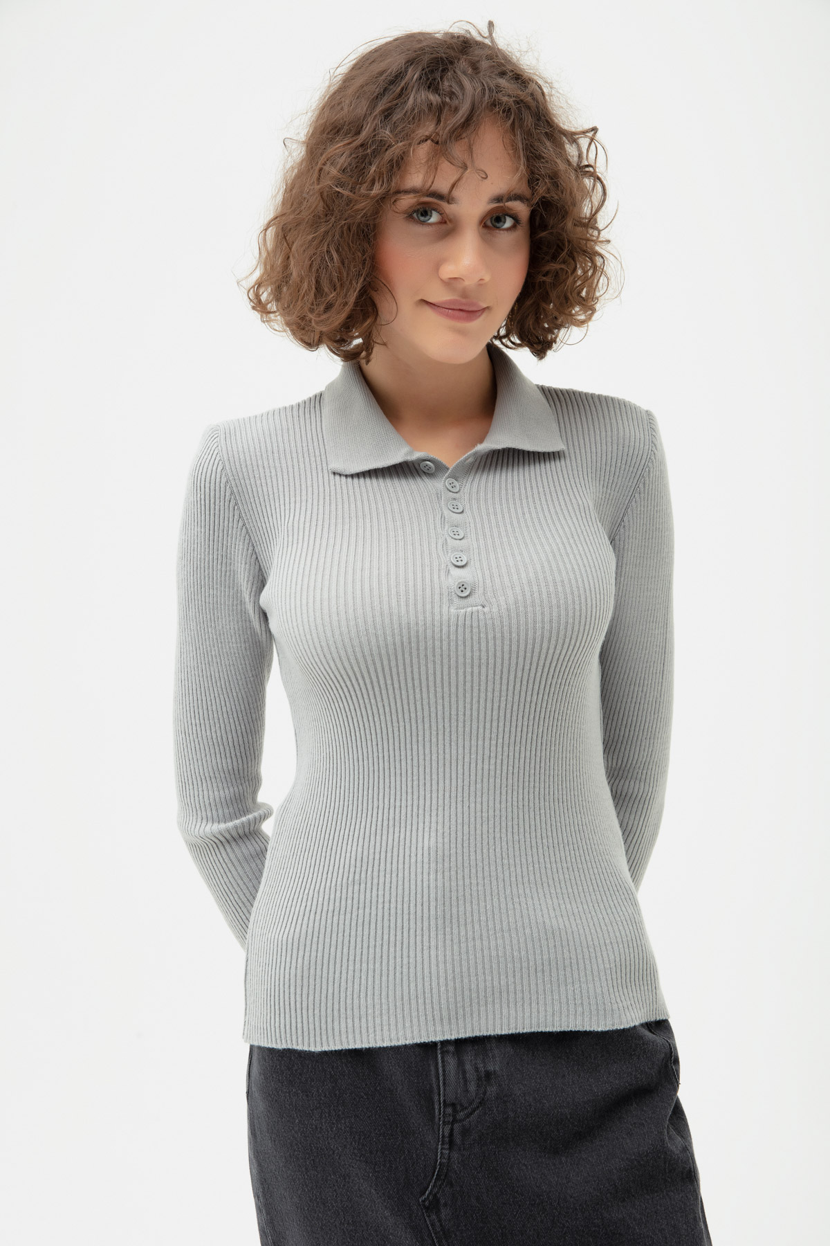 Women's Gray Polo Neck Knitwear Sweater