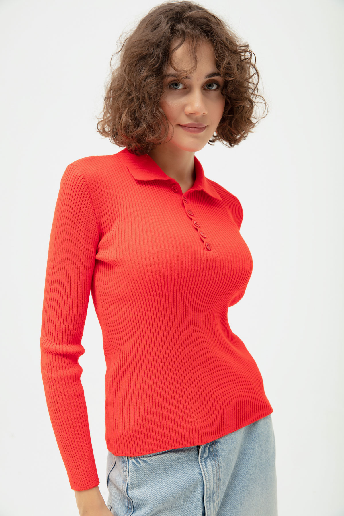 Women's Red Polo Neck Knitwear Sweater