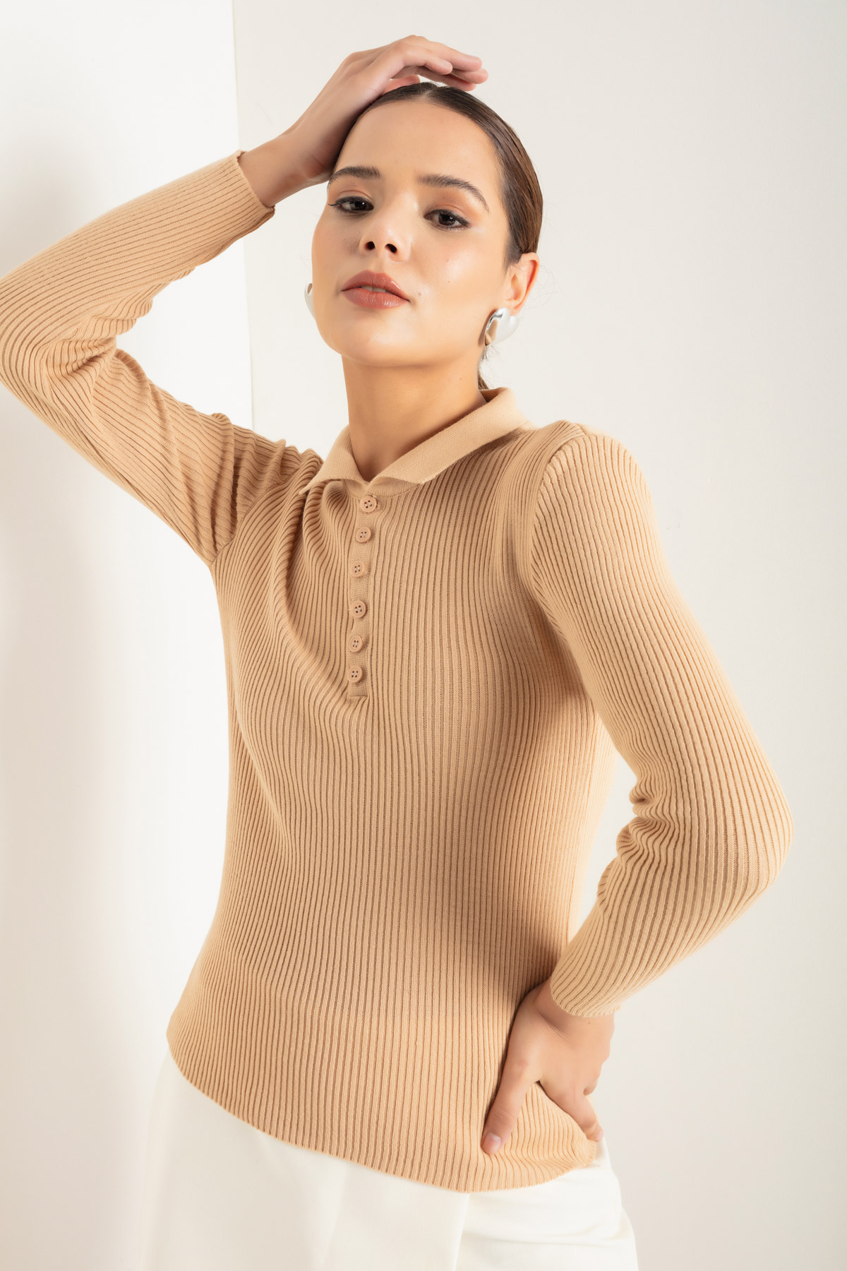 Women's Tan Polo Neck Knitwear Sweater
