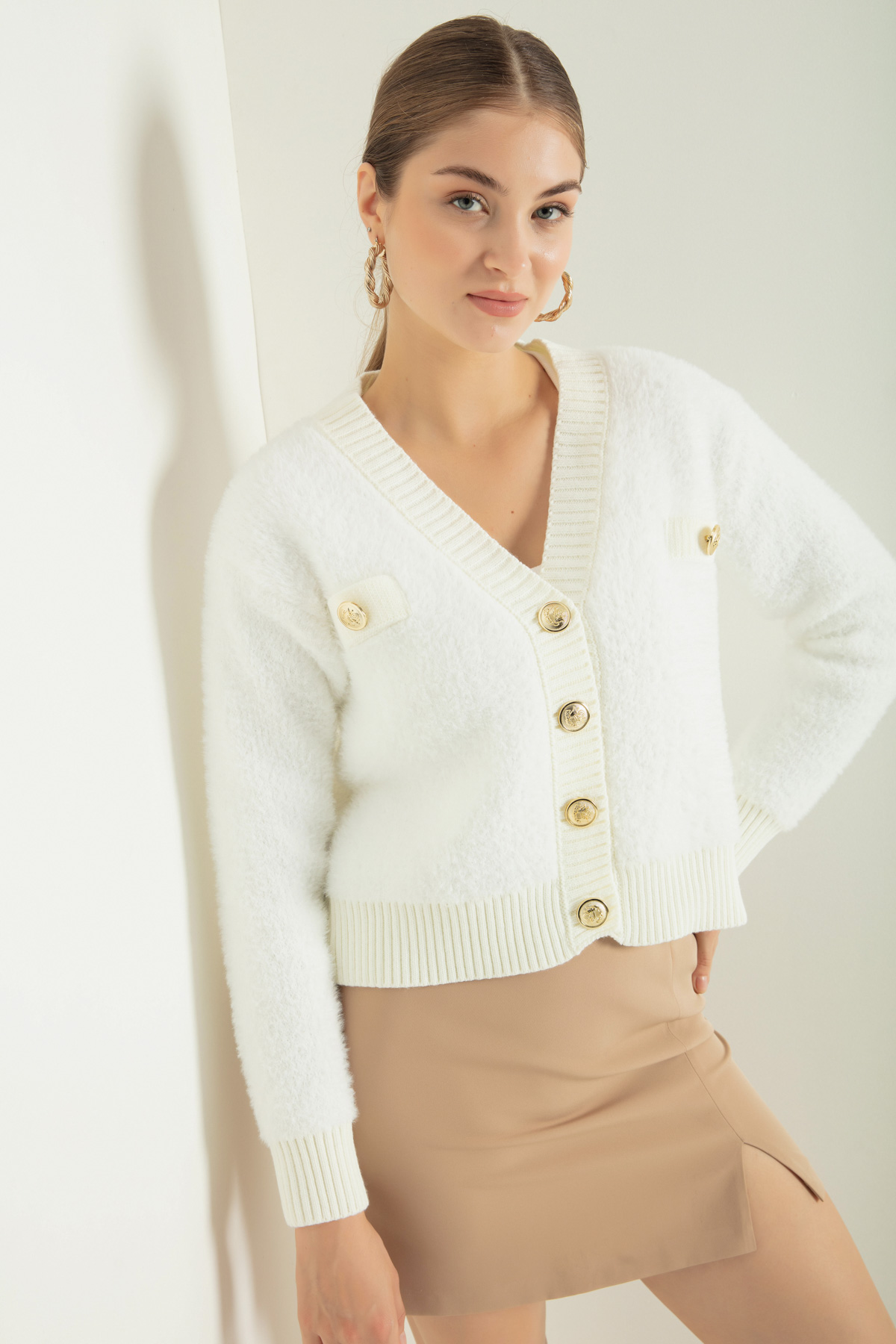 Women's White Gold Buttoned Knitwear Cardigan