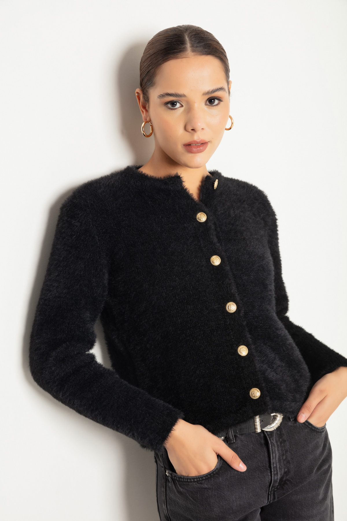 Women's Black Gold Buttoned Knitwear Cardigan