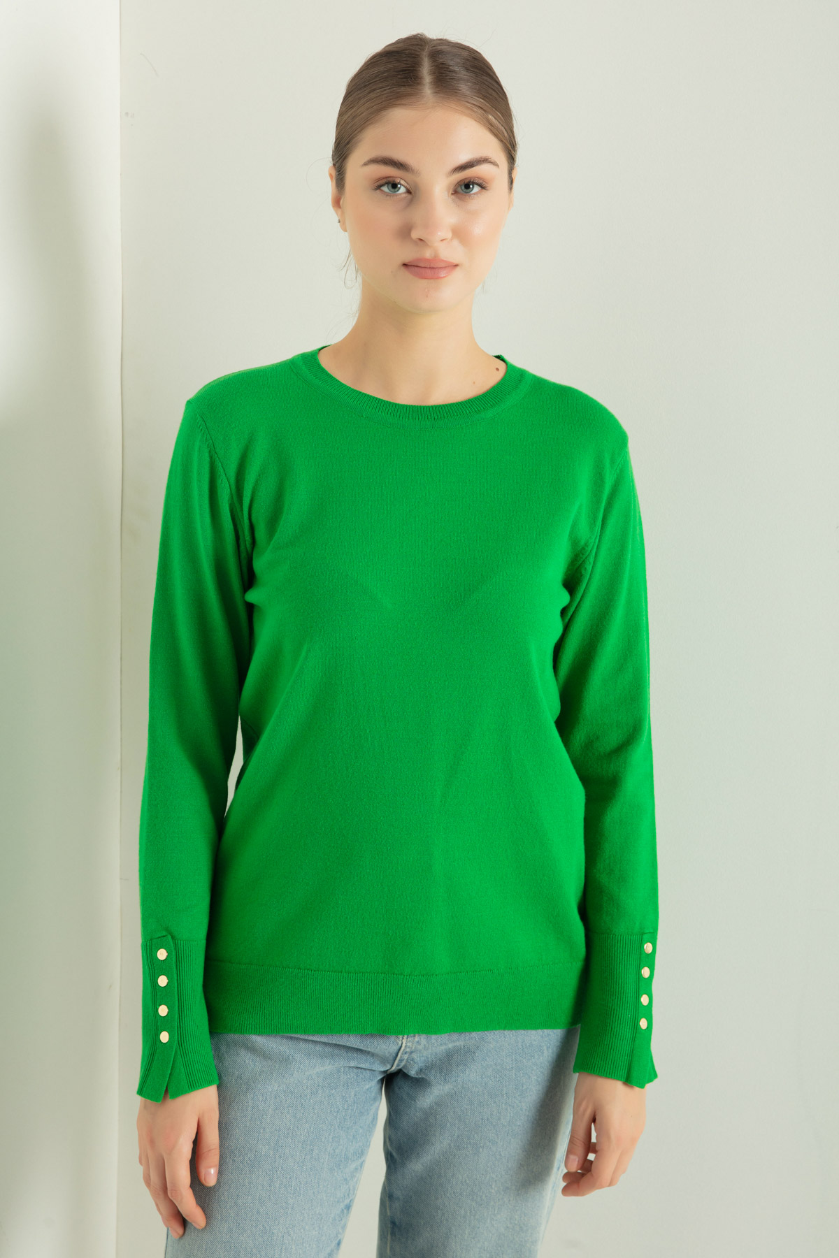 Women's Green Crew Neck Knitwear Sweater