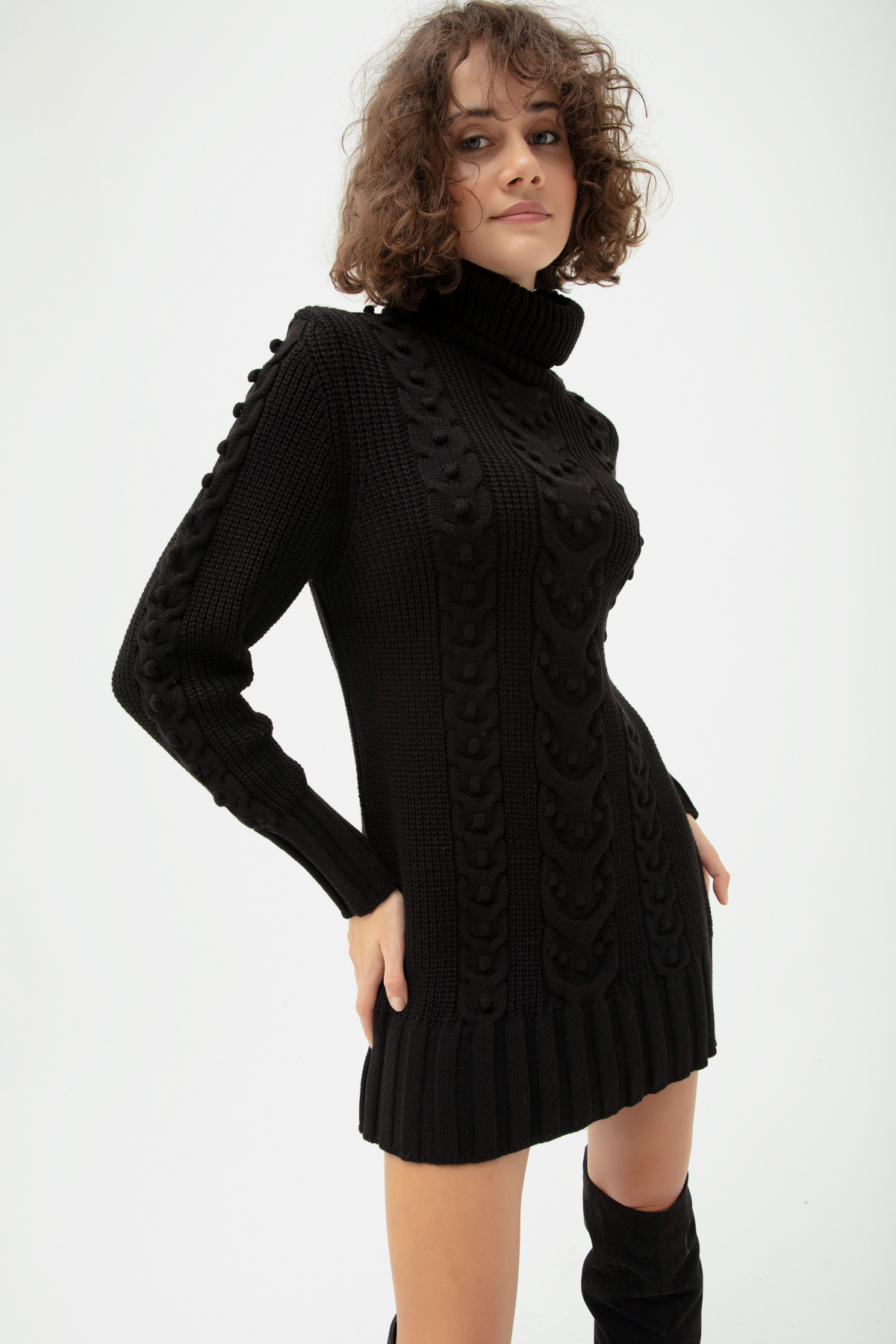 Women's Black Turtleneck Knitwear Dress