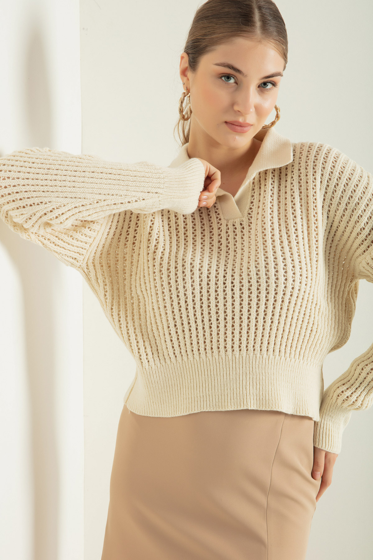 Women's Beige Polo Neck Knitwear Sweater