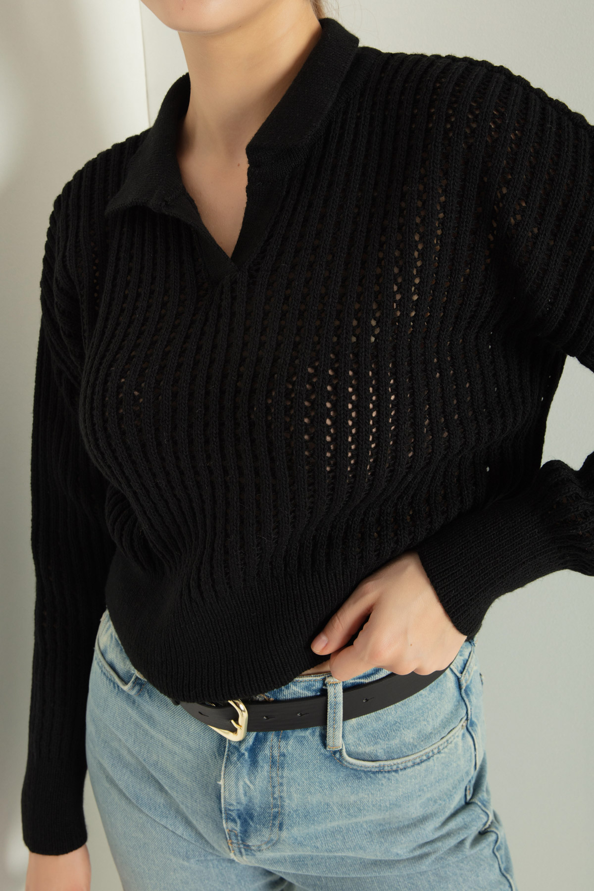 Women's Black Polo Neck Knitwear Sweater