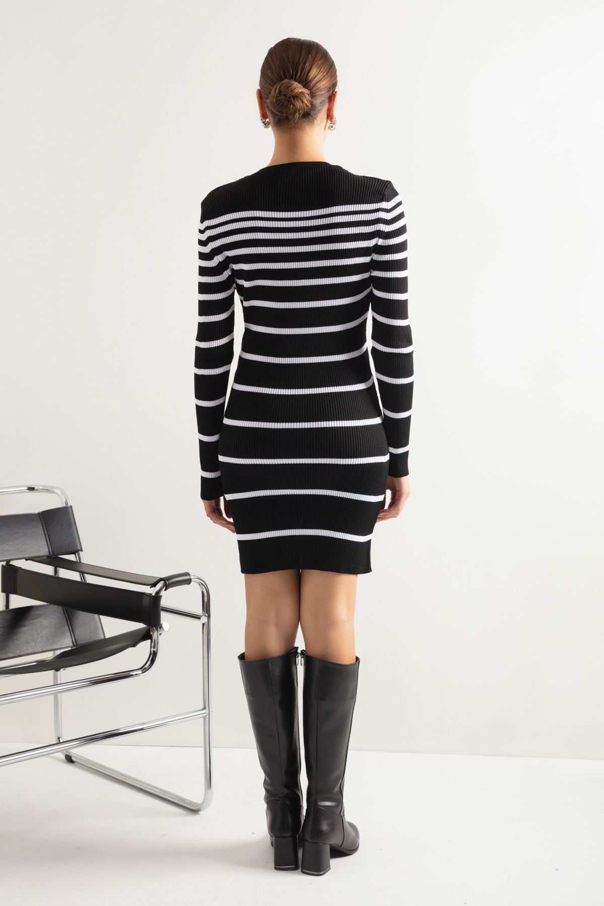 Women's Black V-Neck Striped Knitwear Dress