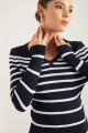 Women's Navy Blue V-Neck Striped Knitwear Dress