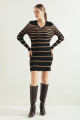 Women's Tan V-Neck Striped Knitwear Dress