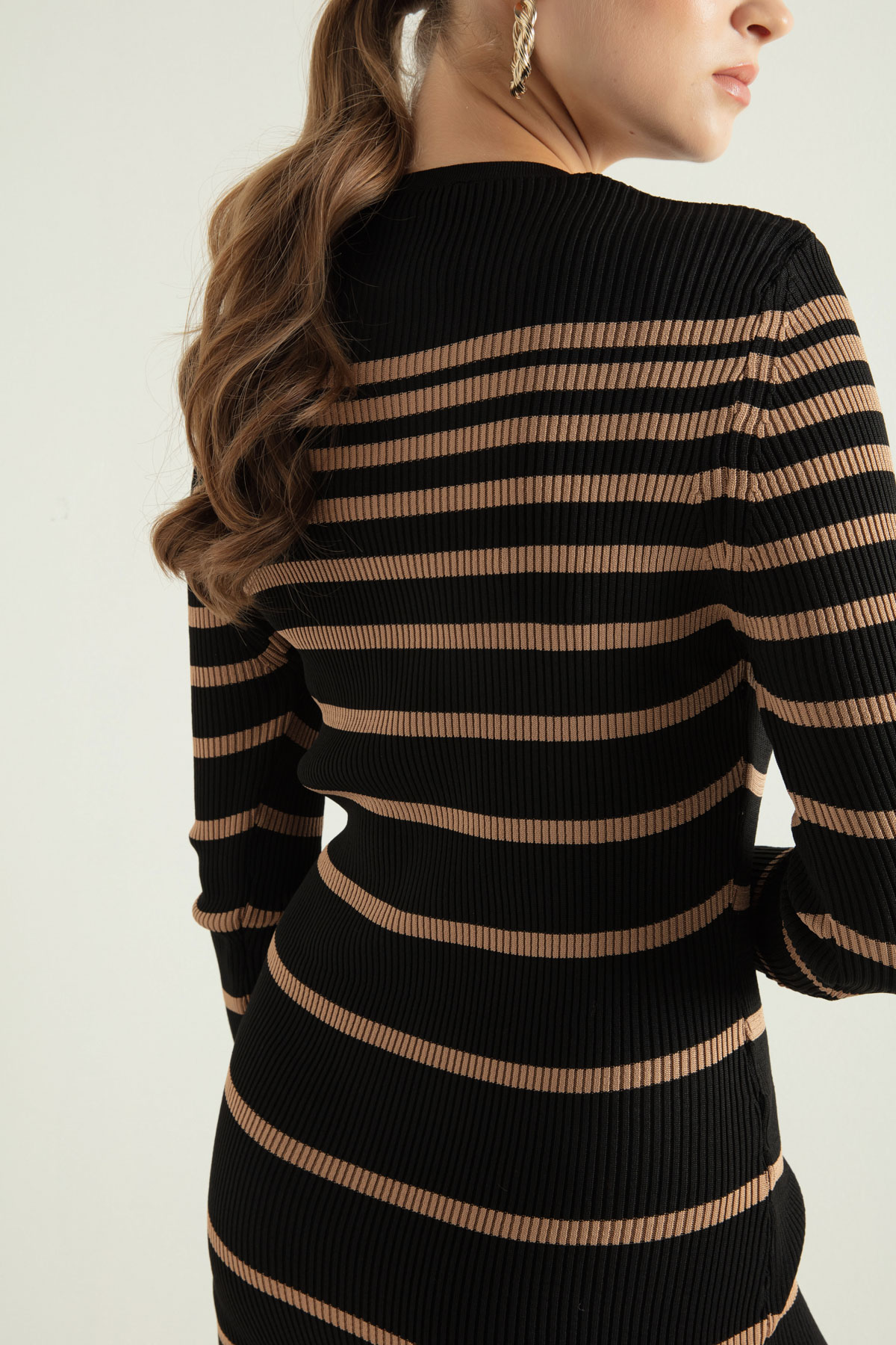 Women's Tan V-Neck Striped Knitwear Dress