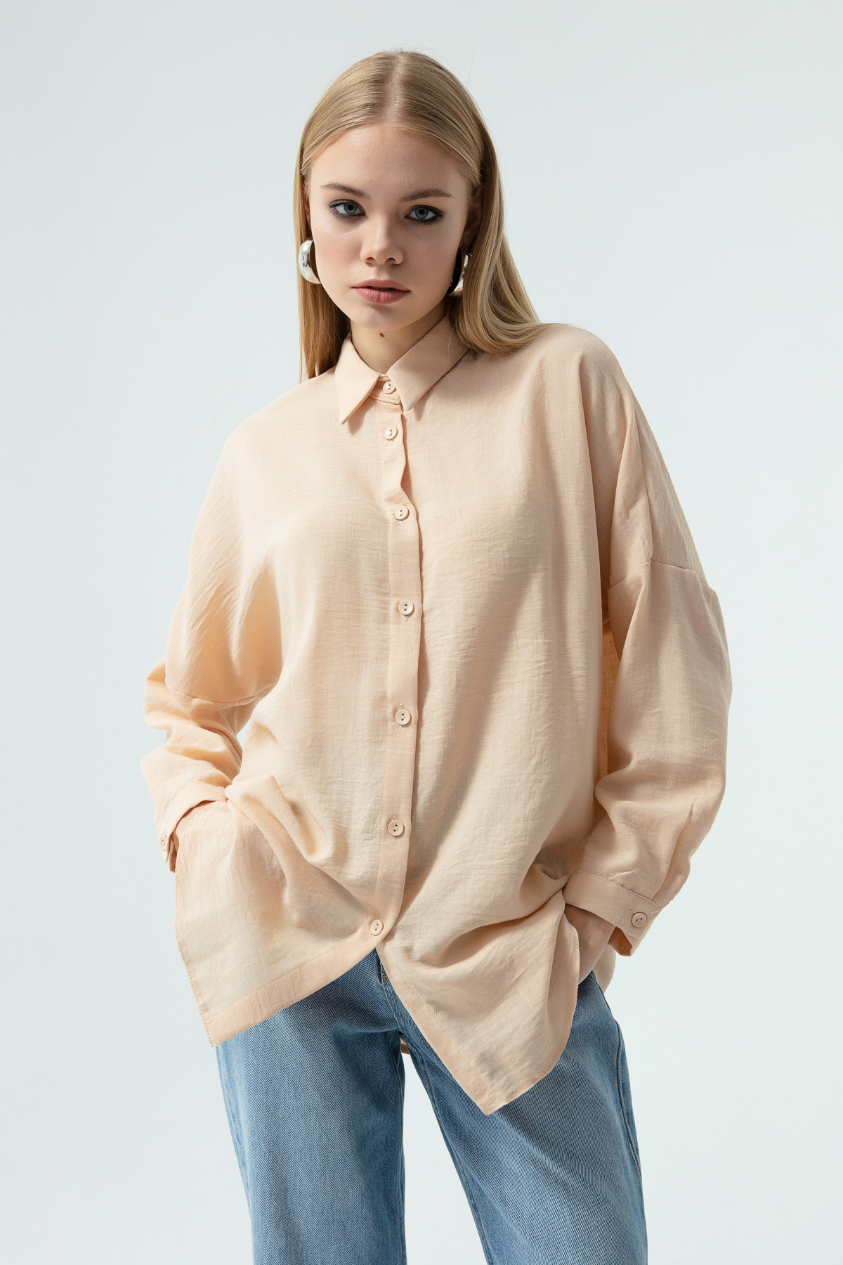 Women's Stone Color Buttoned Linen Shirt