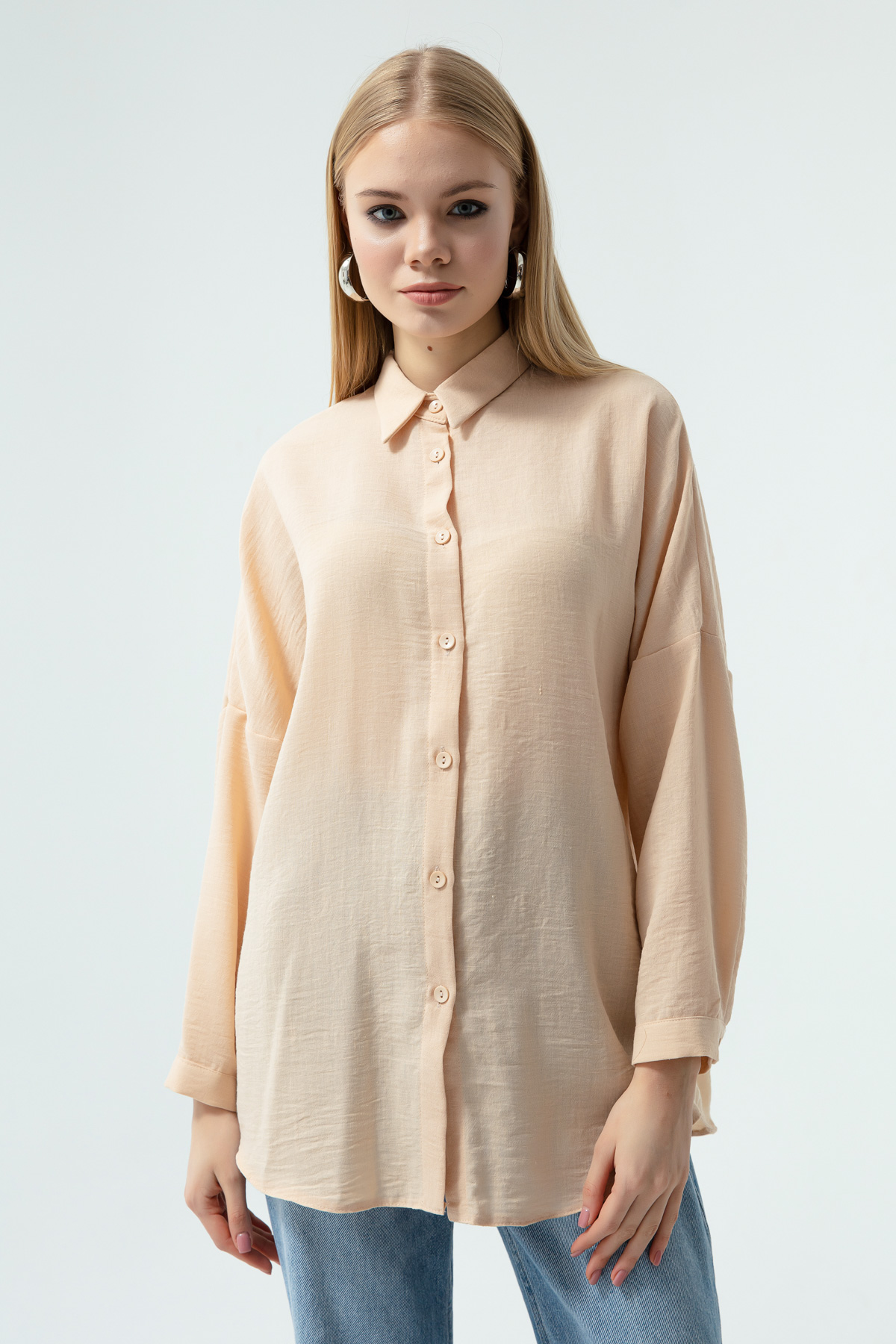Women's Stone Color Buttoned Linen Shirt