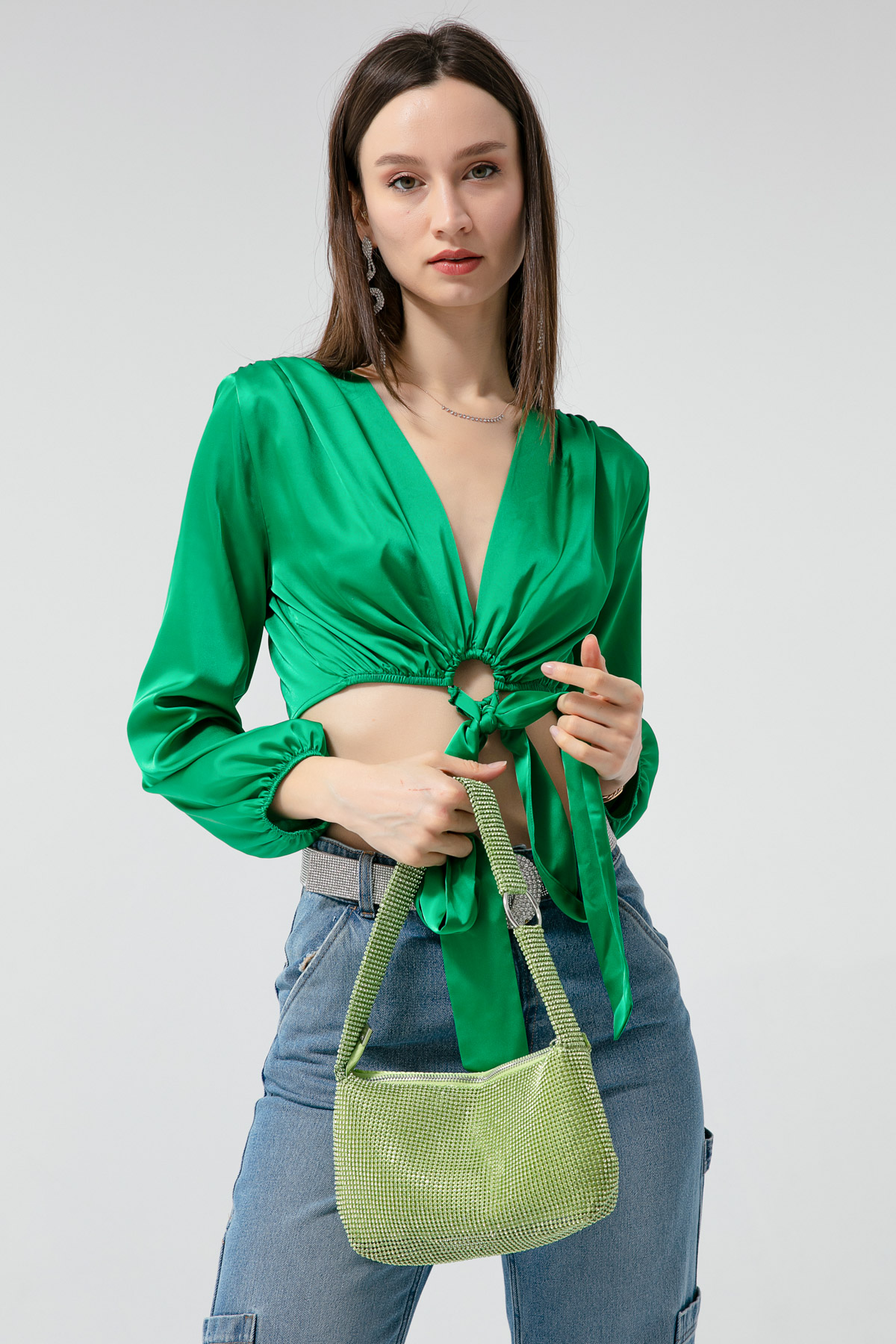 Women's Green Tie Waist Blouse