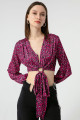 Women's Fuchsia Tie Waist Patterned Blouse